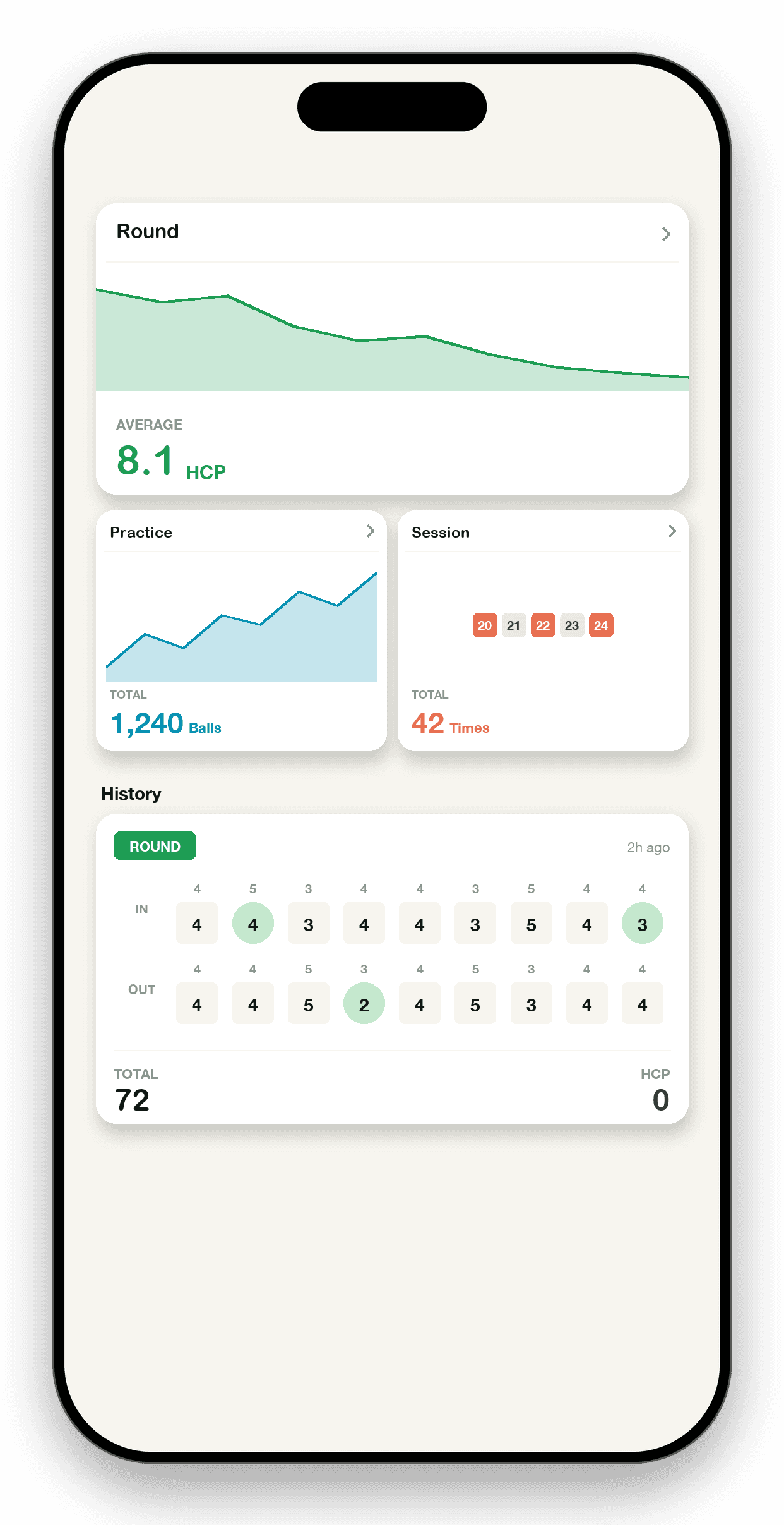 EagleBuddy home screen showing handicap trend and practice totals